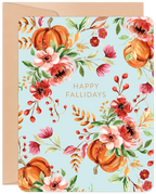 Vibrant watercolor Halloween greeting card front with orange pumpkins, red and pink autumn flowers, green leaves, and berries on a light blue background, perfect for a funny friend.