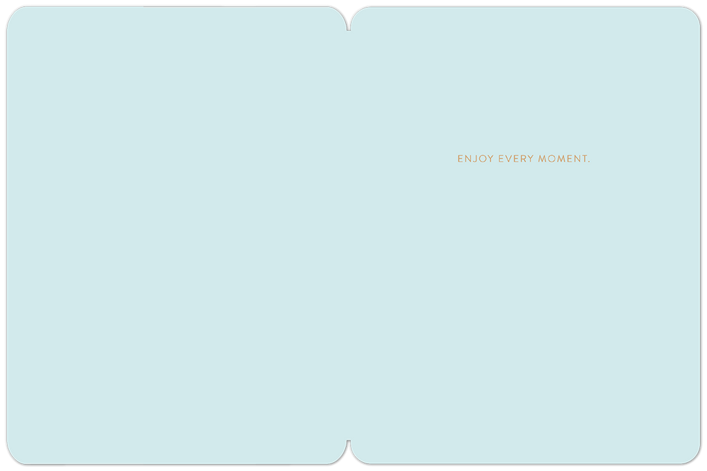 Open Halloween greeting card interior with a light blue background and the message 'ENJOY EVERY MOMENT' in subtle gold text, ready for a personalized funny message.