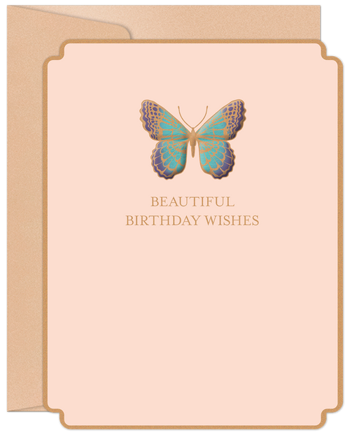 Elegant birthday greeting card featuring a stunning gold foil and teal butterfly design on a soft peach background, paired with a natural kraft envelope. Perfect for sending beautiful wishes.