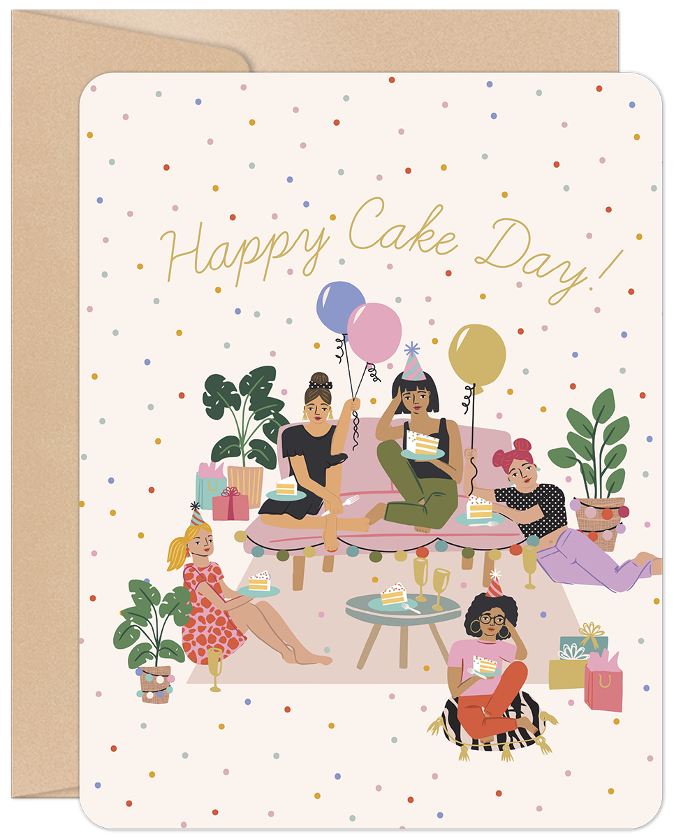 Front of a festive greeting card for her, depicting five diverse women celebrating 'Happy Cake Day!' with cake, balloons, and gifts on a polka-dot background. Ideal for a friend's special occasion.