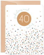 Elegant 40th birthday card for her, featuring 'fabulous and 40 today' in stylish script with a gold circle and colorful confetti on a white background, paired with a kraft envelope.