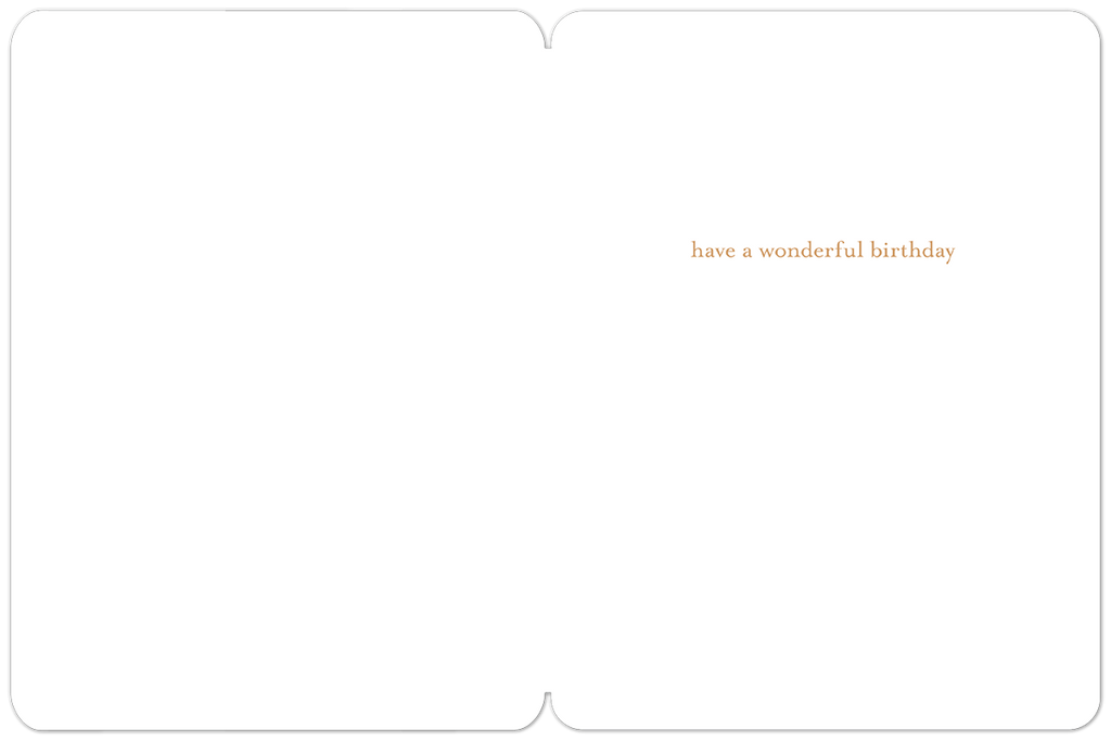 Open white 40th birthday card interior displaying 'have a wonderful birthday' in subtle gold script on the right panel, with ample blank space for a personalized message.