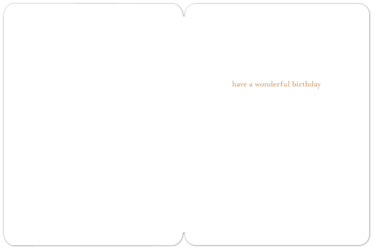 Open white 40th birthday card interior displaying 'have a wonderful birthday' in subtle gold script on the right panel, with ample blank space for a personalized message.