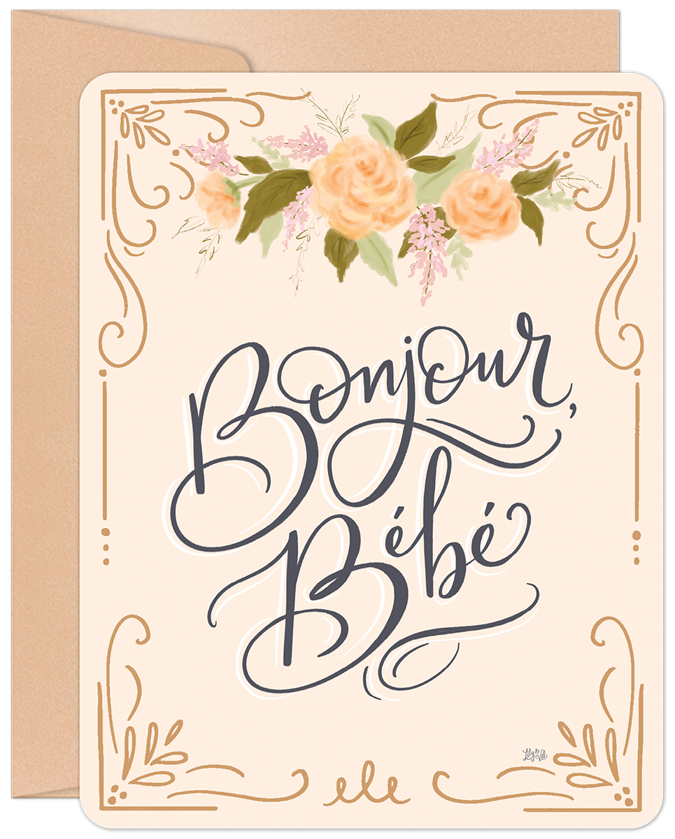 Front of a new baby greeting card, "Bonjour, Bébé" in elegant script with delicate peach floral illustrations on a cream background.