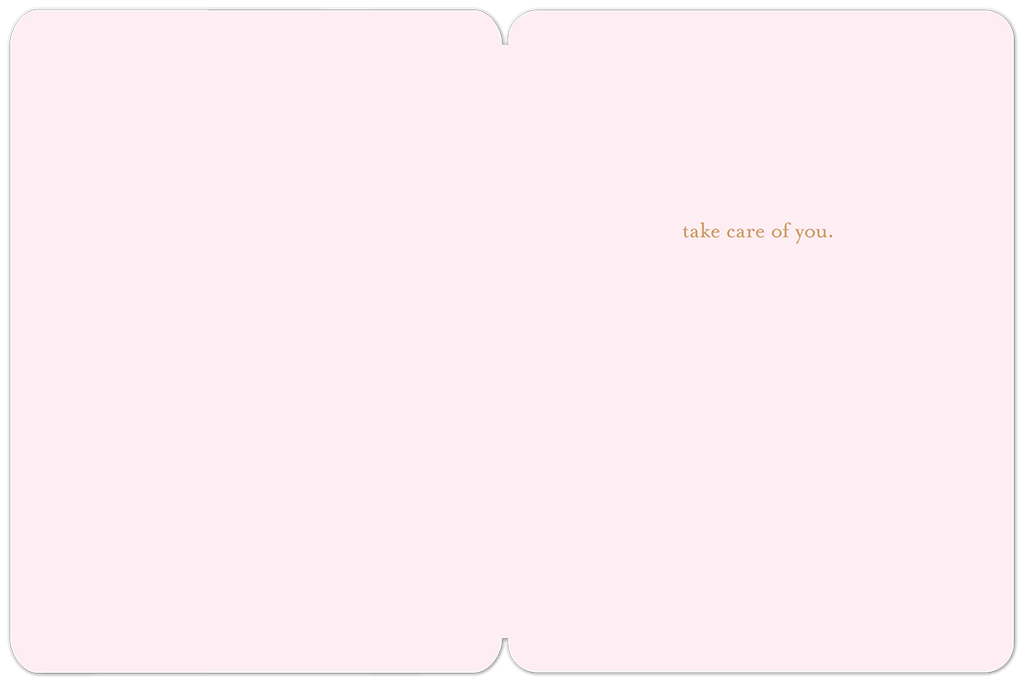 Inside view of an inspirational greeting card with the simple message 'take care of you.' on a light pink background, ready for a personal handwritten note.