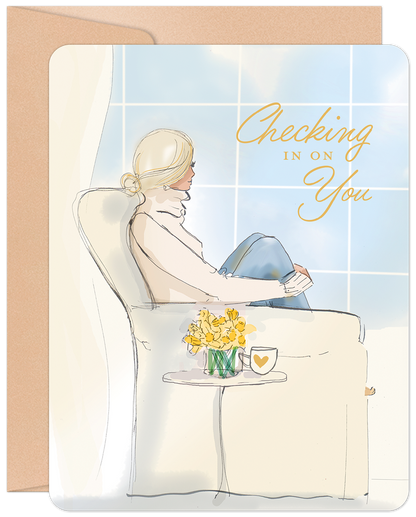 Front of a 'Checking In On You' Get Well card featuring an illustration of a woman by a window, holding a book, with daffodils.
