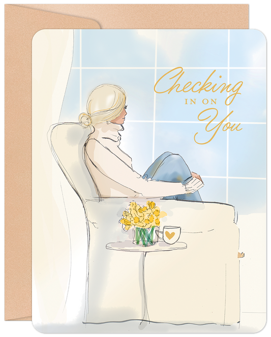 Front of a 'Checking In On You' Get Well card featuring an illustration of a woman by a window, holding a book, with daffodils.