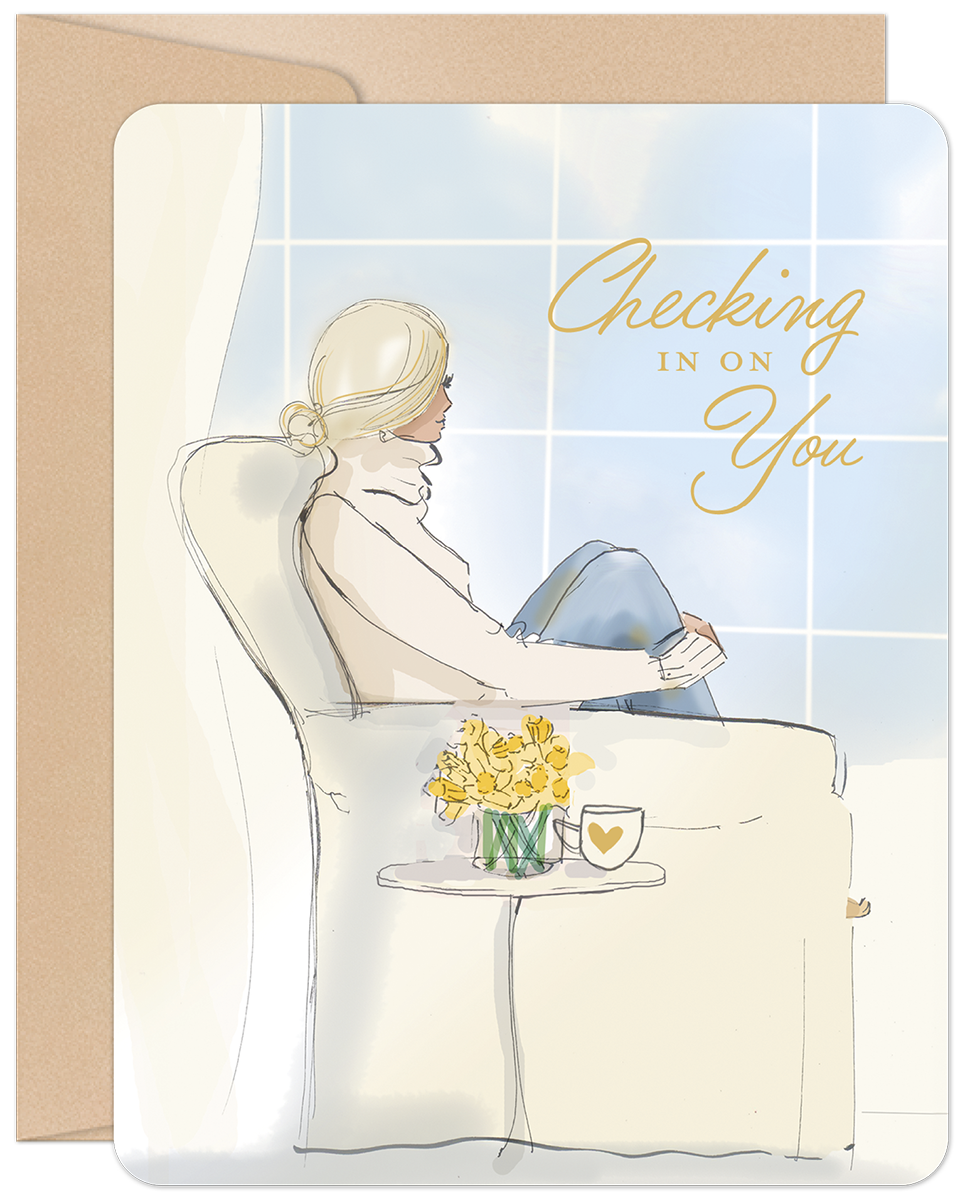 Thoughtful greeting card featuring a blonde woman in an armchair by a sunlit window with yellow flowers and coffee, text 'Checking in on You'.