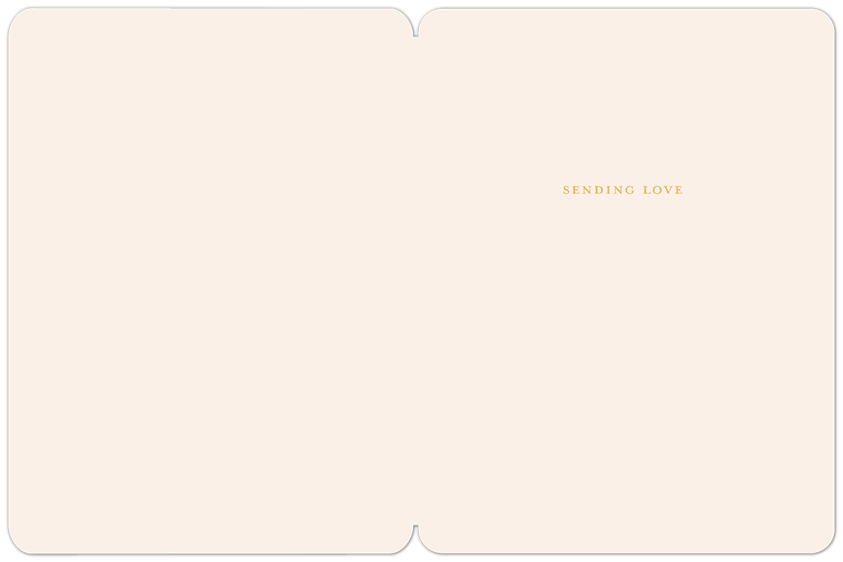 Inside of a get well greeting card, light cream colored, with the gold text 'SENDING LOVE' in the upper right corner.