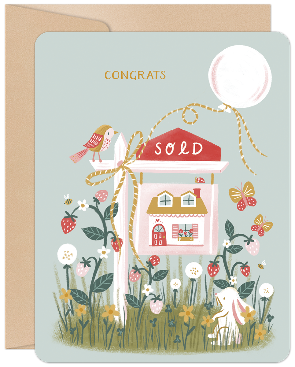 Charming new home greeting card with whimsical illustration featuring a 'SOLD' sign, small house, balloon, bird, bunny, and strawberry plants in a pastel palette. Perfect for celebrating a friend's move-in.
