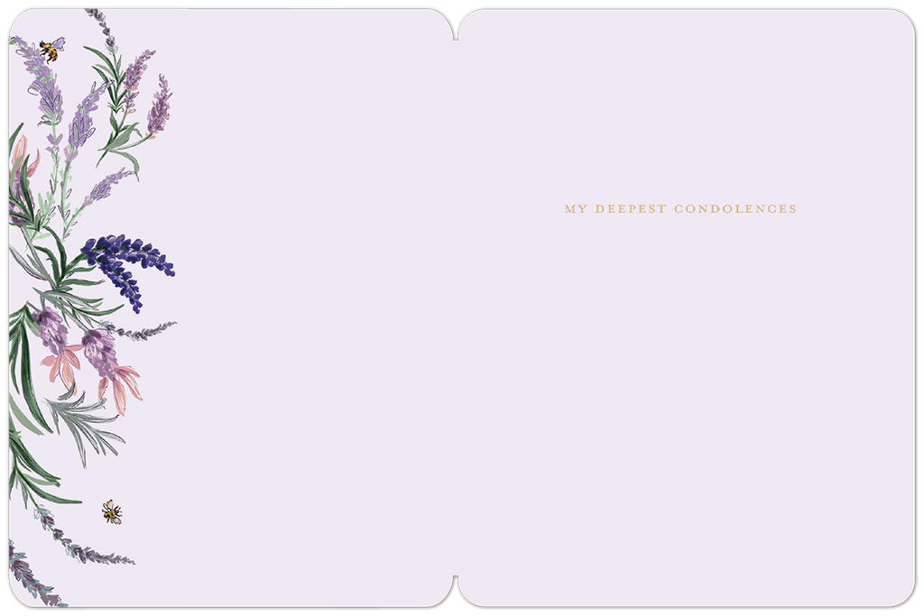 Inside view of a lavender-themed greeting card, featuring a delicate floral border and the message 'MY DEEPEST CONDOLENCES' on a pale purple background.