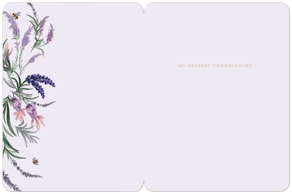Inside of a sympathy card with a lavender and bee border, displaying the message 'MY DEEPEST CONDOLENCES' on a light purple background.
