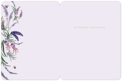 Inside of a sympathy card with a lavender and bee border, displaying the message 'MY DEEPEST CONDOLENCES' on a light purple background.