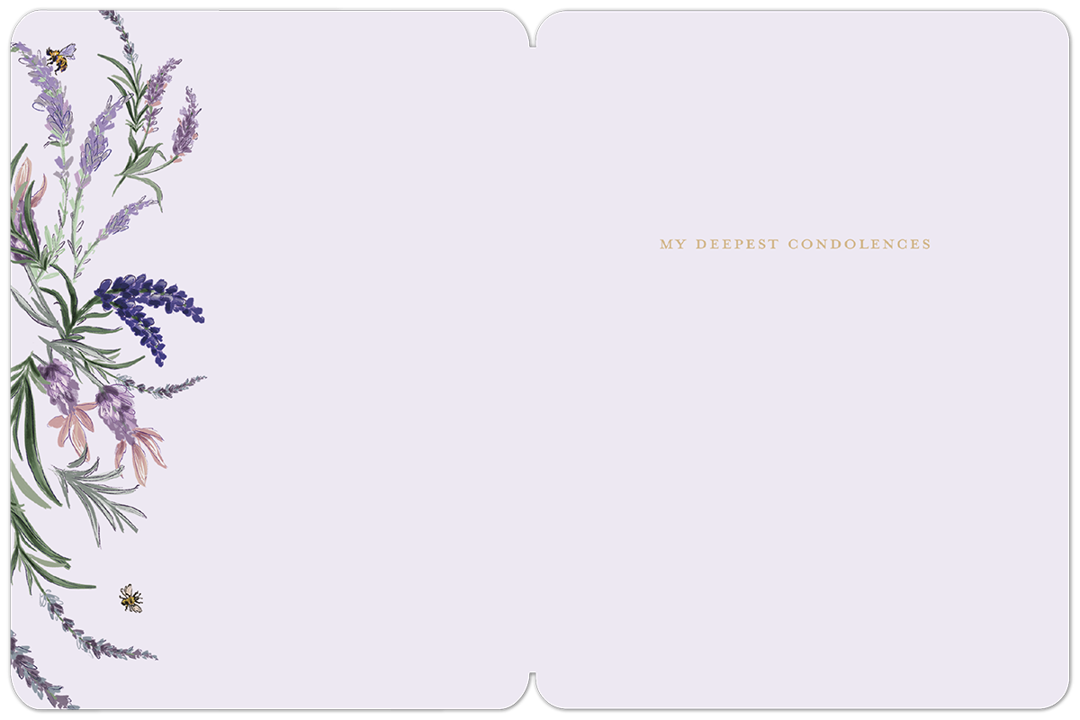 Inside view of a lavender-themed greeting card, featuring a delicate floral border and the message 'MY DEEPEST CONDOLENCES' on a pale purple background.