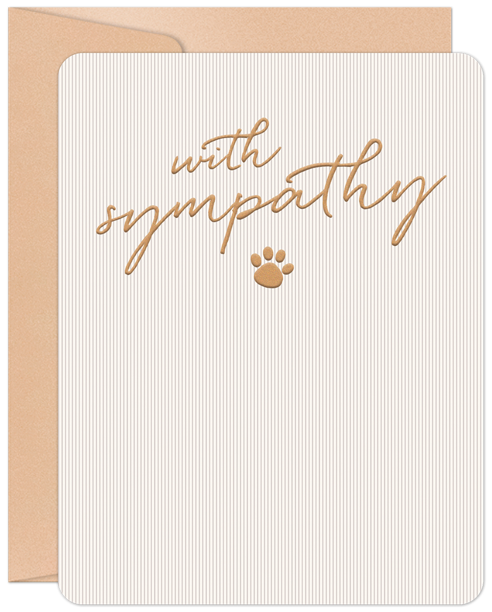 Front of a pet sympathy card featuring embossed 'with sympathy' text and a paw print on a textured beige background.
