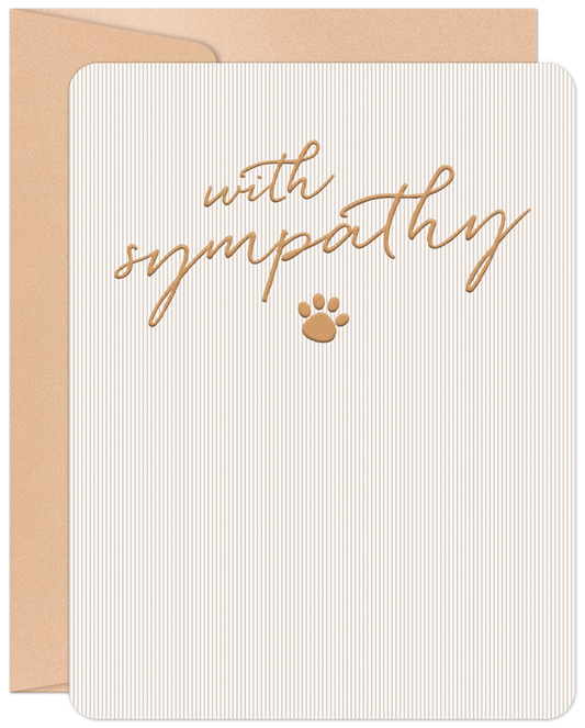 Front of a pet sympathy card featuring embossed 'with sympathy' text and a paw print on a textured beige background.