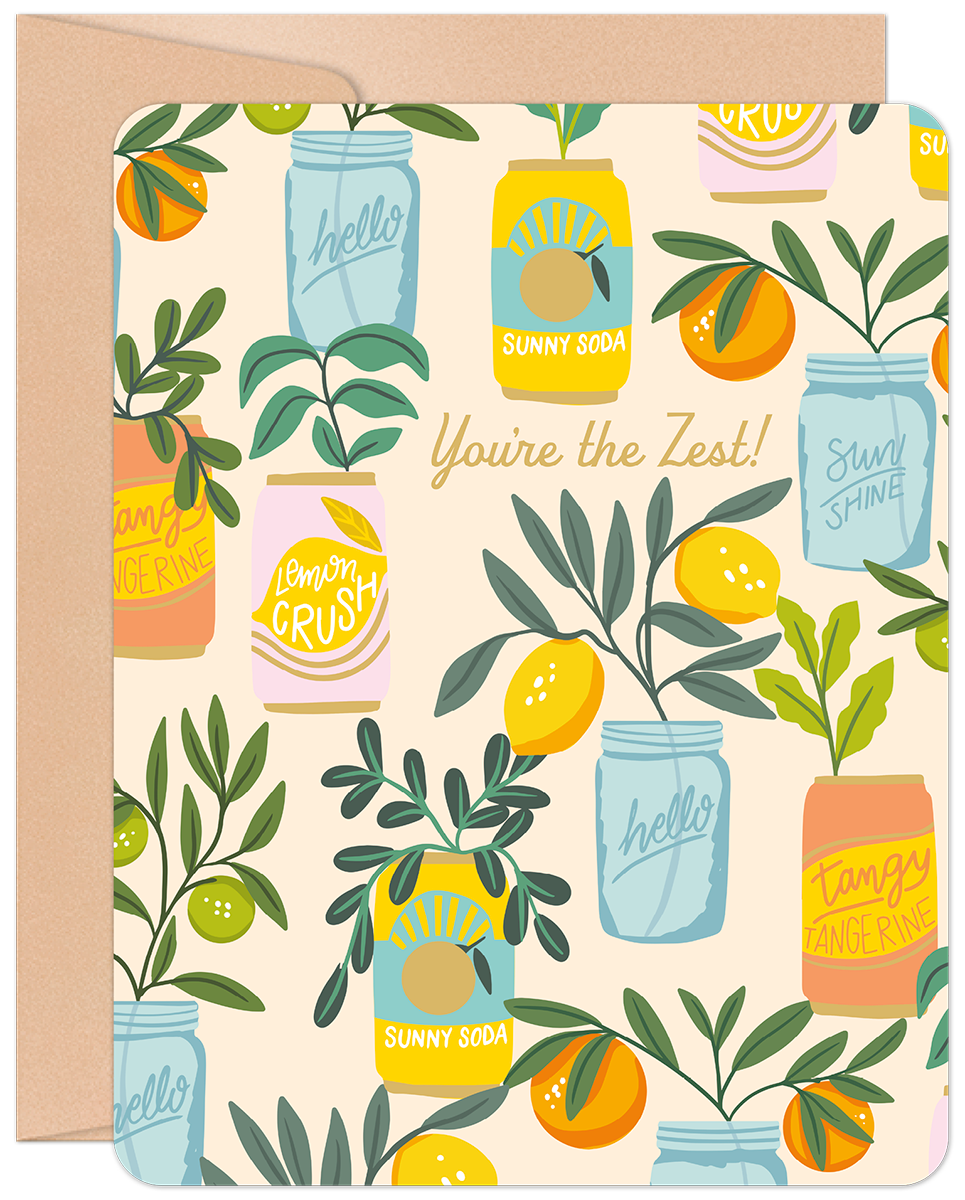 Front of 'You're The Zest!' thank you card featuring a colorful pattern of lemons, limes, and citrus drinks in jars and cans, with a kraft envelope.