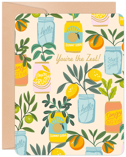 Front of 'You're The Zest!' thank you card featuring a colorful pattern of lemons, limes, and citrus drinks in jars and cans, with a kraft envelope.