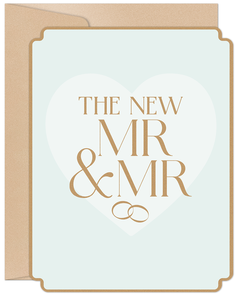 Front of a Mr. & Mr. same-sex wedding or engagement card with elegant gold lettering on a light blue heart design.
