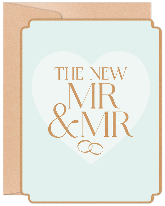 Front of a Mr. & Mr. same-sex wedding or engagement card with elegant gold lettering on a light blue heart design.