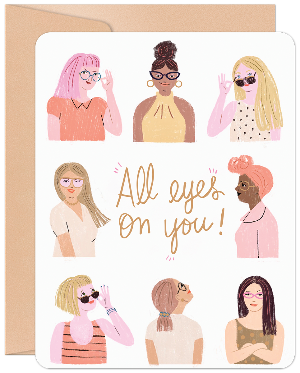 Front of 'All Eyes On You' New Job greeting card featuring diverse women in glasses with an encouraging message.