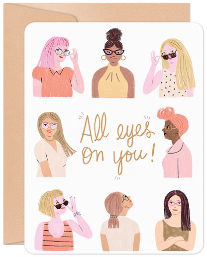 Front of 'All Eyes On You' New Job greeting card featuring diverse women in glasses with an encouraging message.