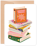 Colorful stack of books retirement greeting card for a coworker, featuring 'Retirement' and 'Congratulations' titles on the book spines, with a whimsical design.