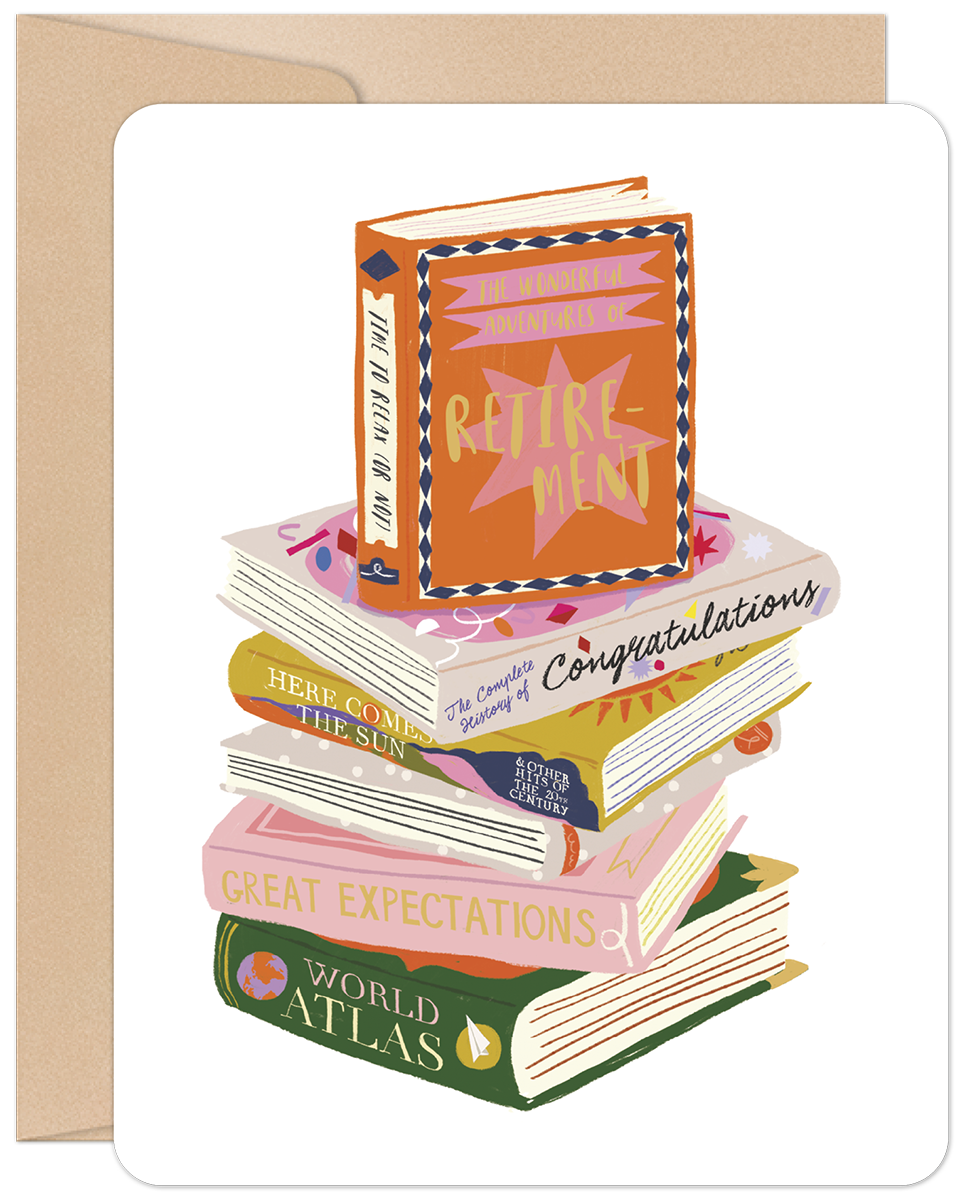 Front of a retirement greeting card featuring a colorful stack of books with 'New Adventures of Retirement' on the top book.