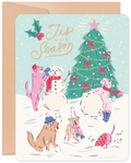 Whimsical Christmas greeting card featuring five cartoon dogs playing in the snow, building a snowman, and admiring a decorated Christmas tree with a star. Holly and 'Tis the Season' text are visible. Card has rounded corners and a brown envelope.