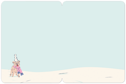 Inside of a Christmas greeting card with a simple snowy landscape and a small dog wearing a pink scarf.