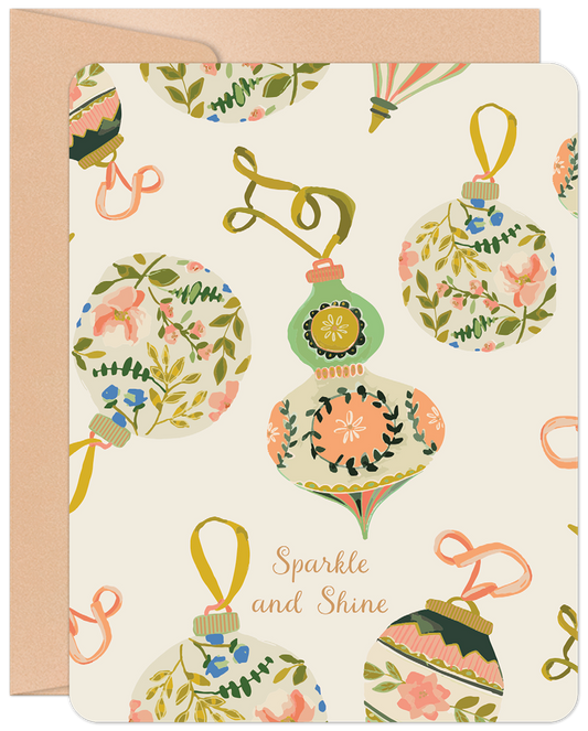 Vintage floral Christmas ornaments adorn this festive greeting card front with 'Sparkle and Shine' text, perfect for holiday wishes.