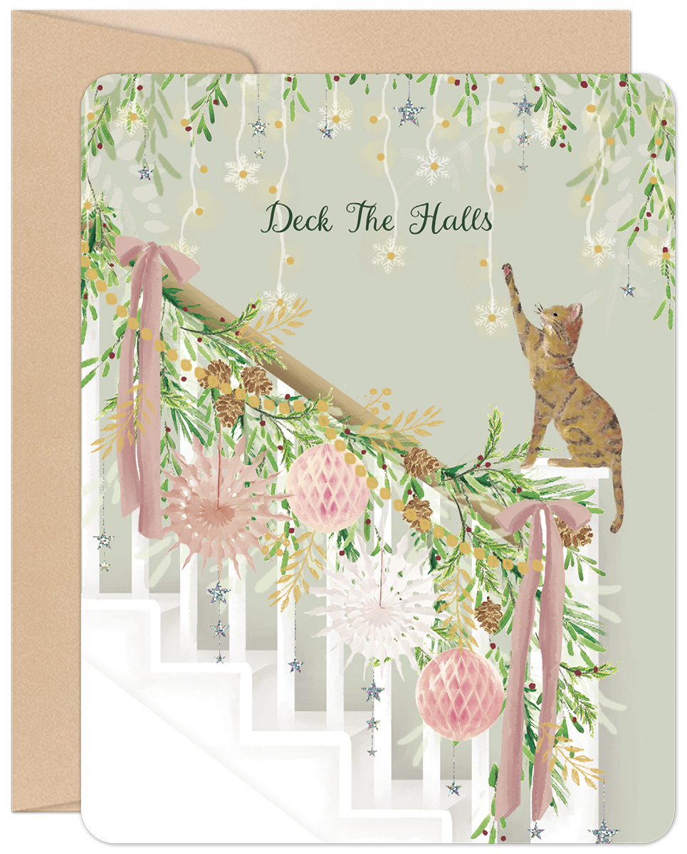Cute cat decorating a festive green and pink garland on a white staircase, with 'Deck The Halls' text. Ideal holiday greeting card for friends and family.