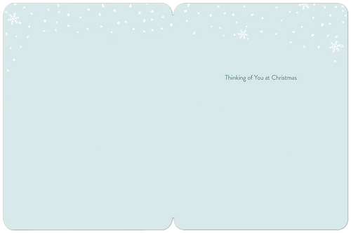 Inside of a light blue holiday greeting card with scattered white snowflakes and the subtle message 'Thinking of You at Christmas' on the right side.