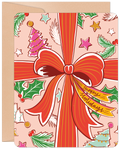 Vibrant pink greeting card featuring a festive red bow, gold ribbon, 'Happy Holidays' banner, scattered stars, evergreen branches, and stylized holiday trees, perfect for season's greetings.