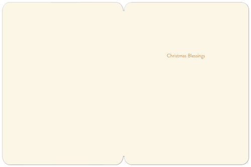 Inside view of an elegant, blank religious holiday card showing 'Christmas Blessings' printed in a subtle script on the right panel, ready for a personal message.