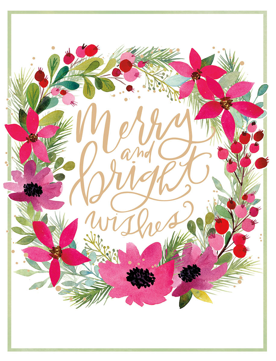 Front of a watercolor greeting card featuring a festive wreath of red poinsettia-like flowers, green leaves, and red berries, surrounding gold script text 'Merry and bright wishes'. Ideal for holiday season greetings.