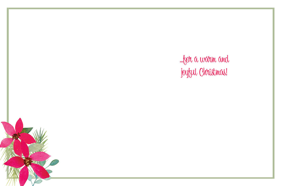 Inside view of a holiday greeting card, showing a minimalist design with a small watercolor floral cluster in the lower left corner and red script '...for a warm and joyful Christmas!' on the right, providing ample space for a personalized message.