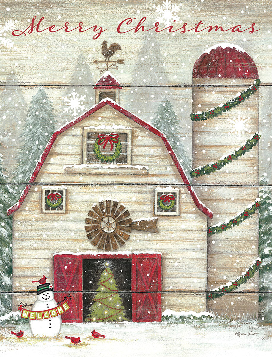 Front of a festive greeting card featuring a snowy barn, a friendly snowman holding a 'WELCOME' banner, and vibrant red cardinals amidst pine trees under a gentle snowfall, perfect for holiday greetings.