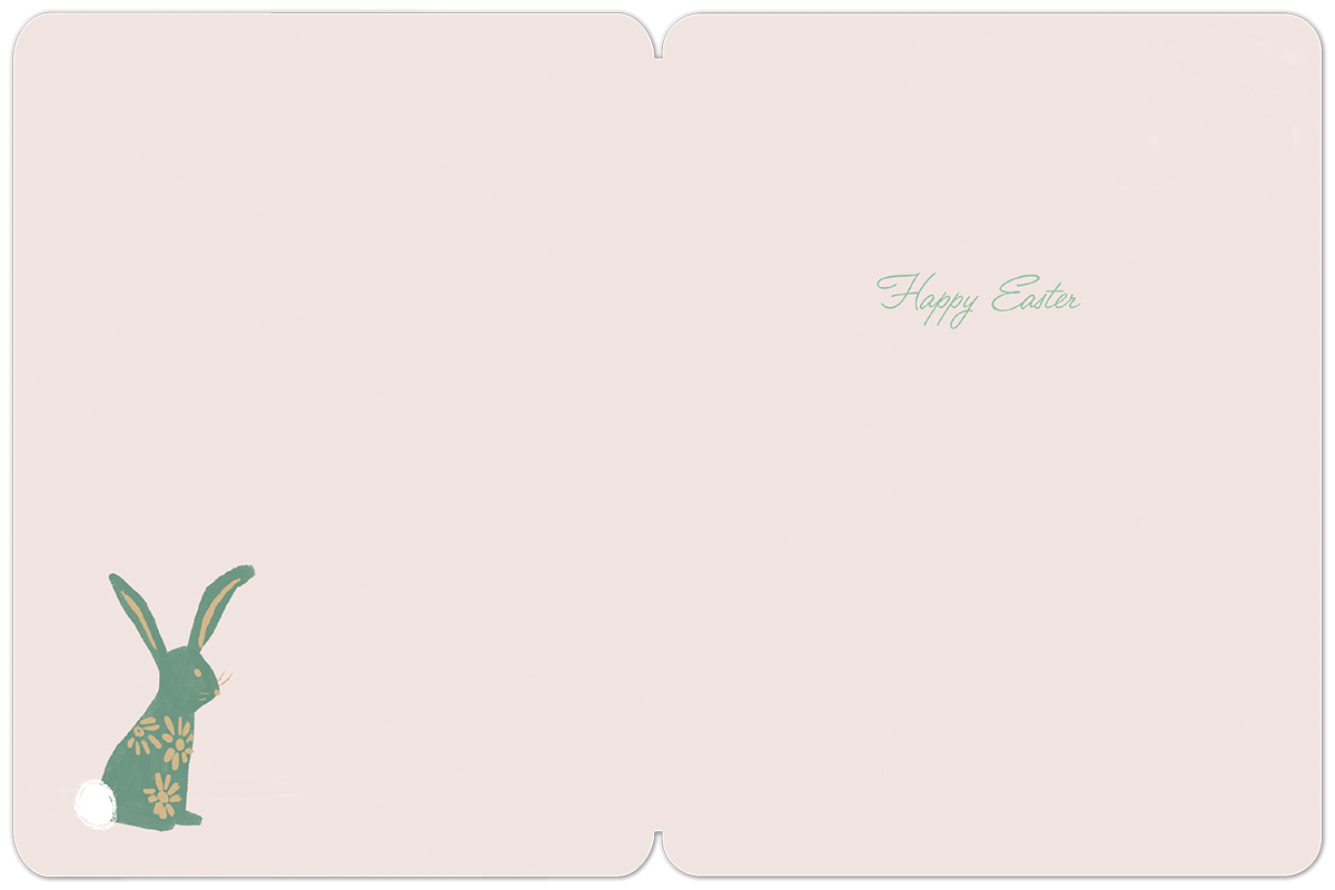 Open greeting card for Easter featuring a charming green bunny with yellow floral patterns and a white fluffy tail on the left, and 'Happy Easter' in elegant green script on the right, all set against a soft, pale pink background. Ideal for children and springtime greetings.