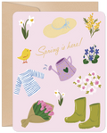 Cute spring greeting card for children featuring a yellow chick, daffodil, mimosa, violets, cherry blossoms, tulips, straw hat, rain boots, and watering can on a pink background, with 'Spring is here!' text. Perfect for a young recipient's seasonal joy.