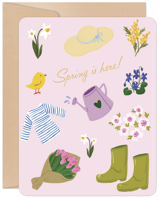 Cute Happy Spring & Easter greeting card with illustrations of daffodils, tulips, rain boots, watering can, straw hat, bird on a pink background.