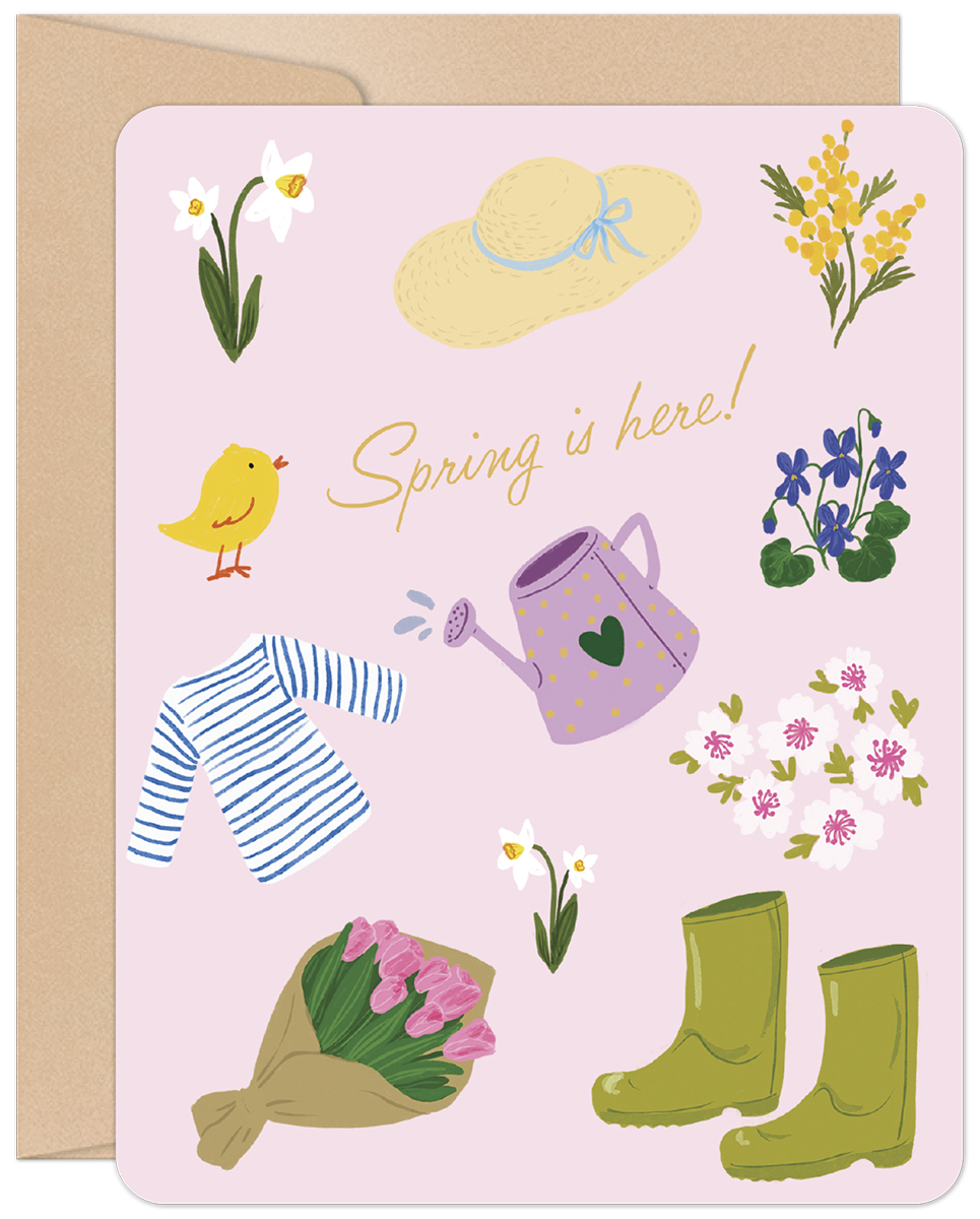 Cute spring greeting card for children featuring a yellow chick, daffodil, mimosa, violets, cherry blossoms, tulips, straw hat, rain boots, and watering can on a pink background, with 'Spring is here!' text. Perfect for a young recipient's seasonal joy.