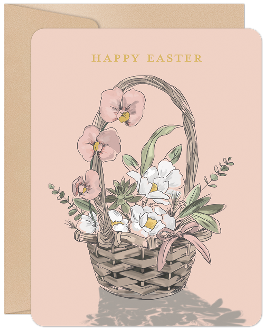 Happy Easter greeting card featuring a charming flower basket with pink orchids, white blossoms, and lush greenery.