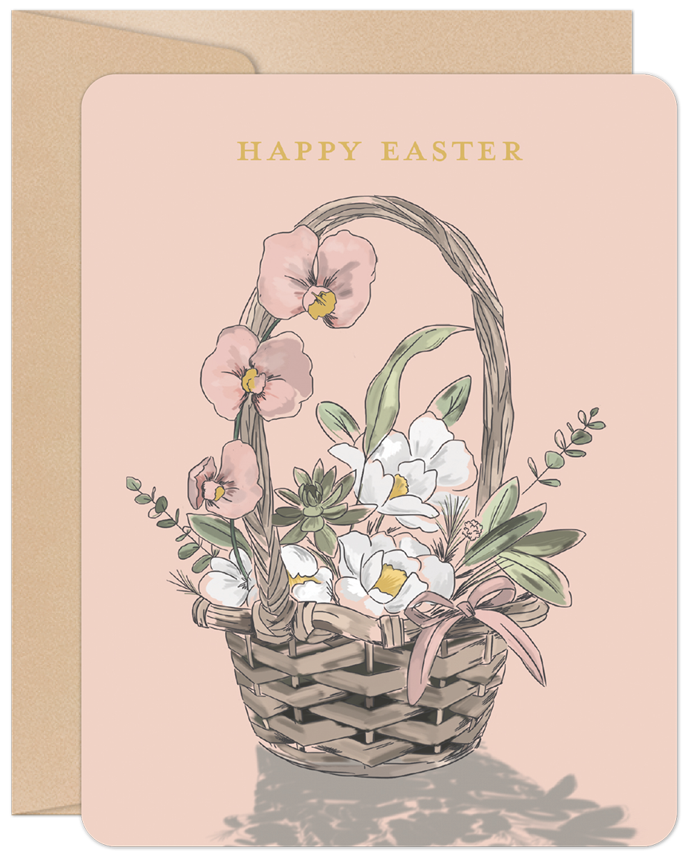Elegant Easter greeting card featuring a watercolor illustration of a spring floral basket with pink orchids, white tulips, and green foliage on a pale pink background, with 'HAPPY EASTER' in gold text.