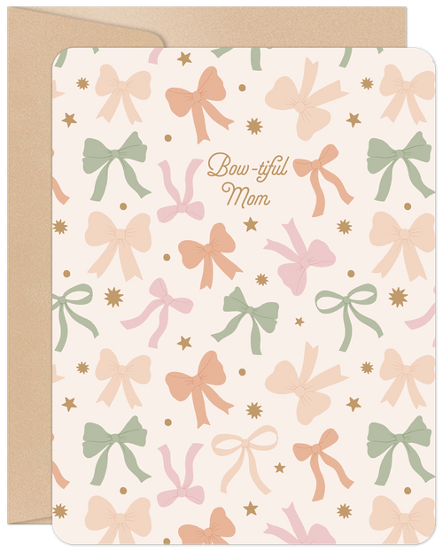 Cute Mother's Day greeting card featuring a soft pastel bow pattern in peach, pink, and sage green, with gold accents and the punny phrase 'Bow-tiful Mom' on the front, accompanied by a kraft envelope.