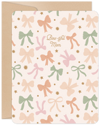 Elegant Mother's Day greeting card featuring a charming pastel bow pattern in pink, green, and peach, with 'Bow-tiful Mom' text on the front, accompanied by a kraft envelope.
