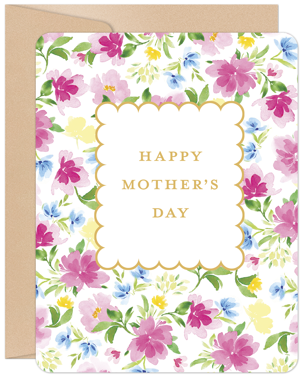 Front view of an elegant Mother's Day greeting card. It features a vibrant watercolor floral pattern with pink, blue, and yellow blossoms and green leaves on a white background. A gold-edged scalloped frame in the center reads "HAPPY MOTHER'S DAY" in classic gold text. A brown kraft envelope is partially visible behind the card.