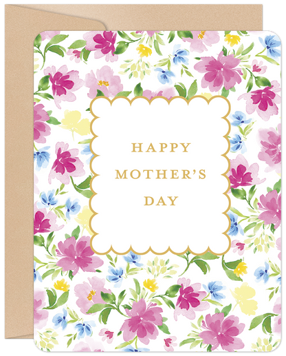 Happy Mother's Day card featuring a vibrant watercolor floral pattern in pink, blue, and yellow with a scalloped white frame.