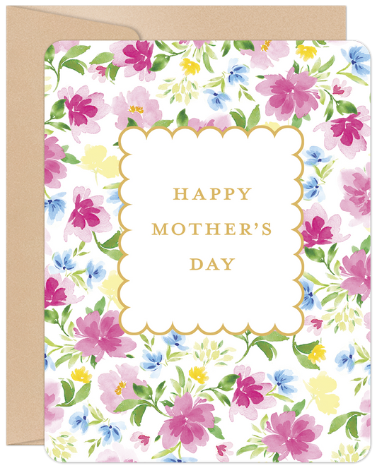 Happy Mother's Day card featuring a vibrant watercolor floral pattern in pink, blue, and yellow with a scalloped white frame.