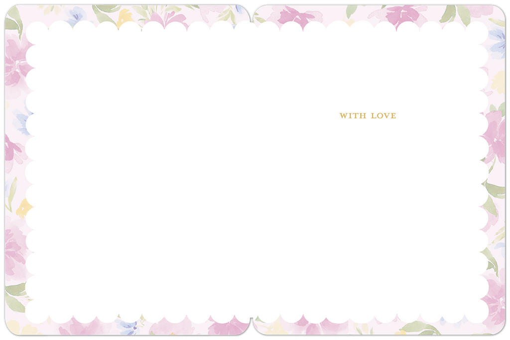 Inside view of a Mother's Day greeting card, open to reveal a blank white scalloped frame on the right side for a personalized message. The card's border features a soft watercolor floral design with pink, blue, and yellow flowers. Subtle gold text on the right side reads "WITH LOVE".